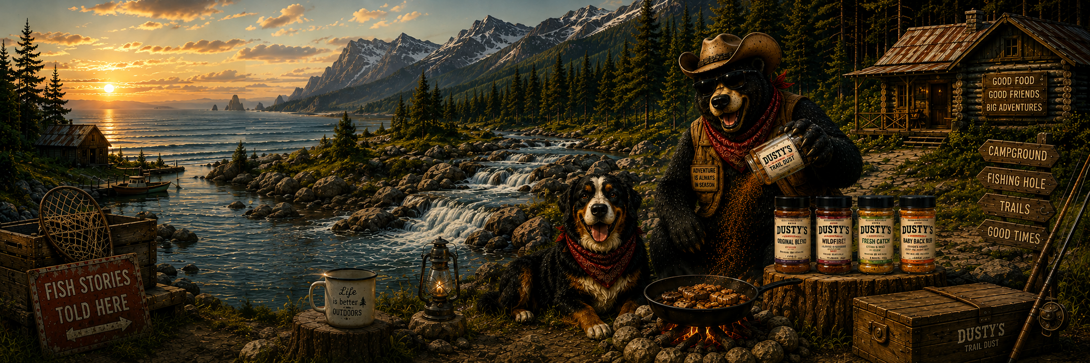 Painted mountain valley where a river runs past Dusty's campfire cook site