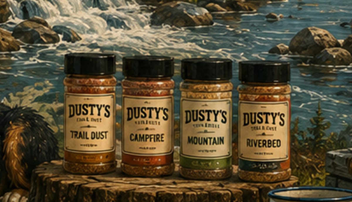 Four jars of Dusty's seasoning lined up on a tree stump in the woods