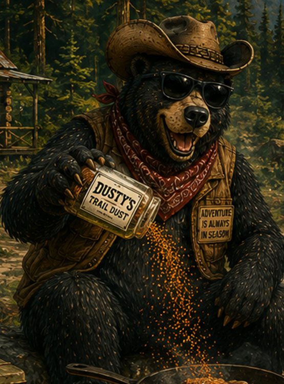 Dusty the bear in his cowboy hat, seasoning a skillet by the river