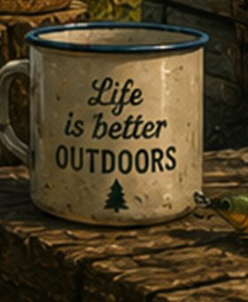 A hot mug of camp coffee waiting by the fire