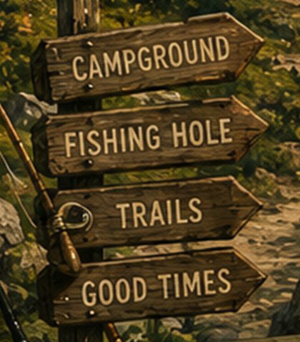 Weathered wooden signpost pointing down an empty trail