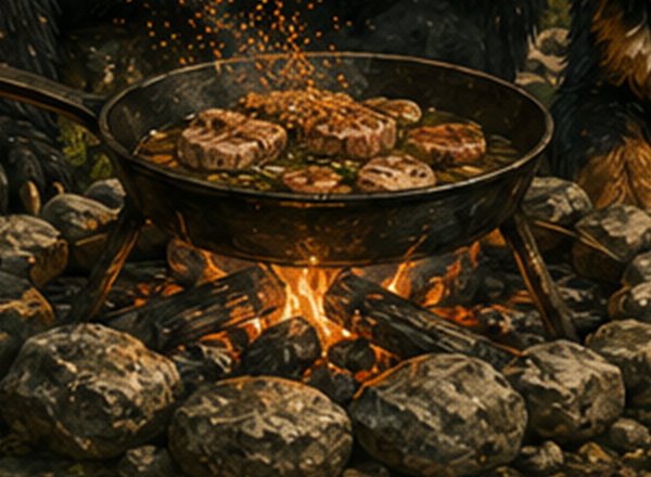 A cast-iron skillet cooking over a campfire